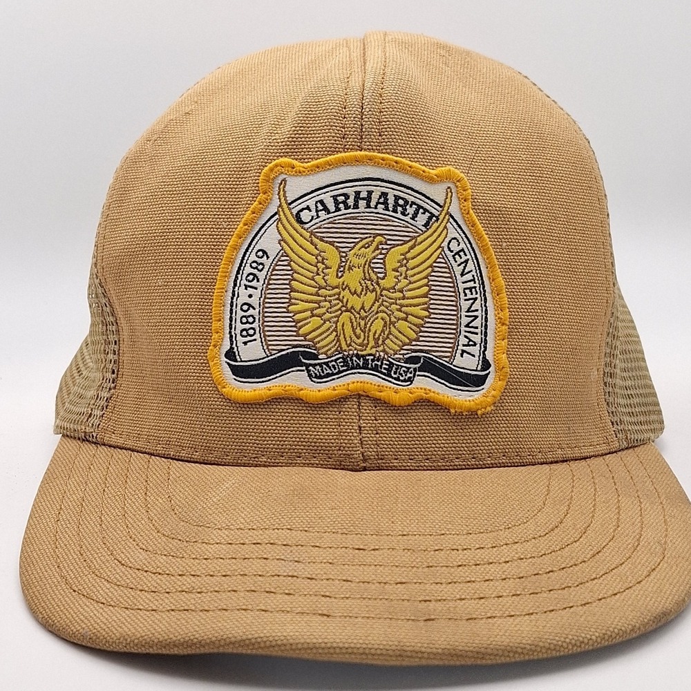 Vtg Carhartt Brown Centennial 1889-1989 Patch Trucker Mesh Snapback Hat Cap USA